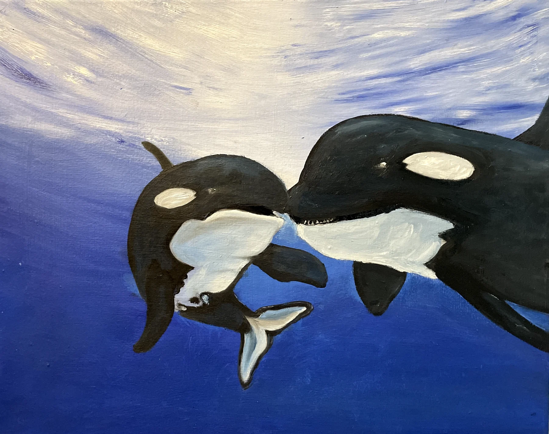 Oil painting of two orcas underwater