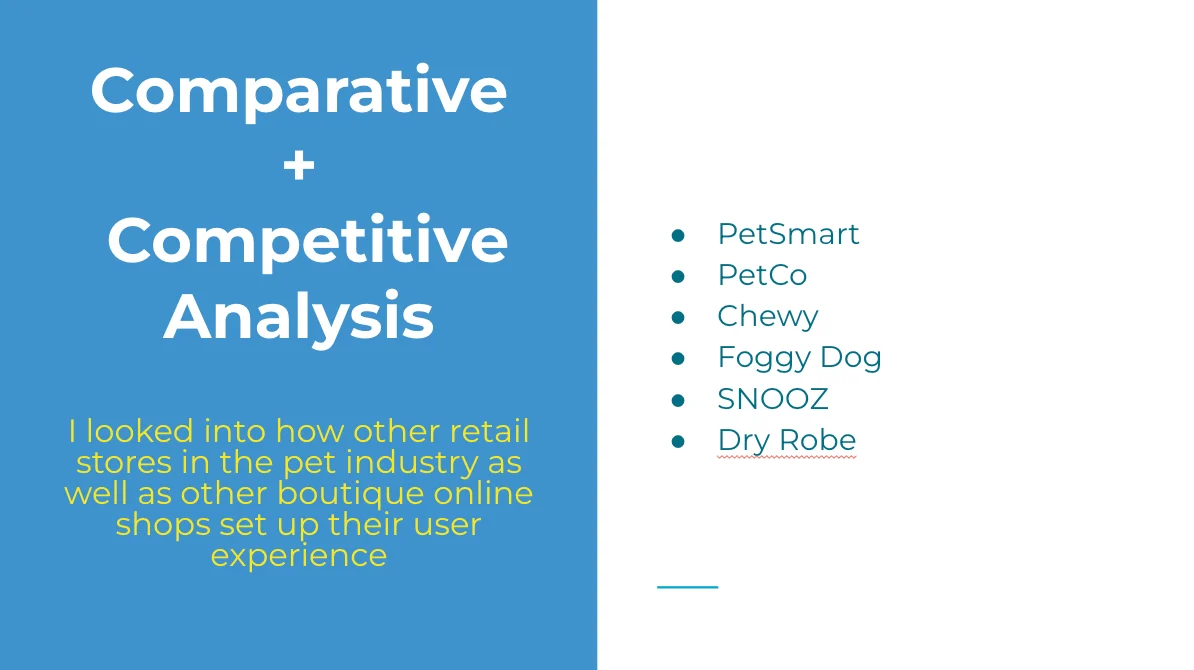 Comparative and competitive analysis: PetSmart, PetCo, Chewy, Foggy Dog, SNOOZ, Dry Robe