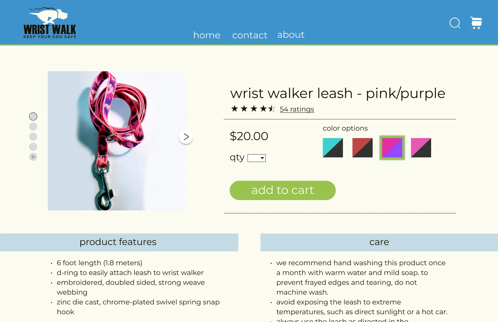 High fidelity Wrist Walk product page with pink and purple leash, color options, and add to cart