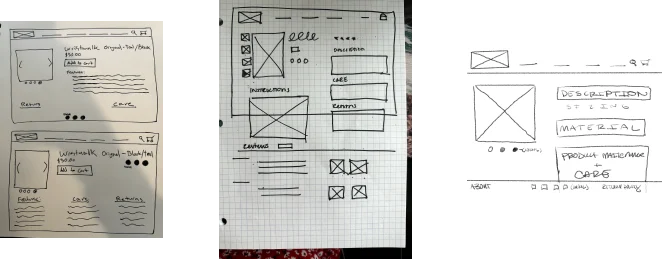 Three low fidelity wireframe sketches of a product page