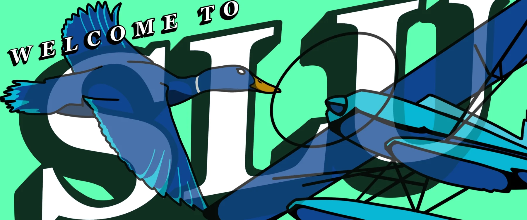 Welcome to SLU illustration with a blue bird over green lettering
