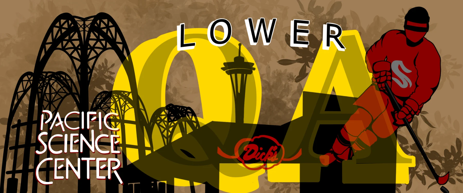 Lower Queen Anne lettering with the Pacific Science Center arches and a hockey player