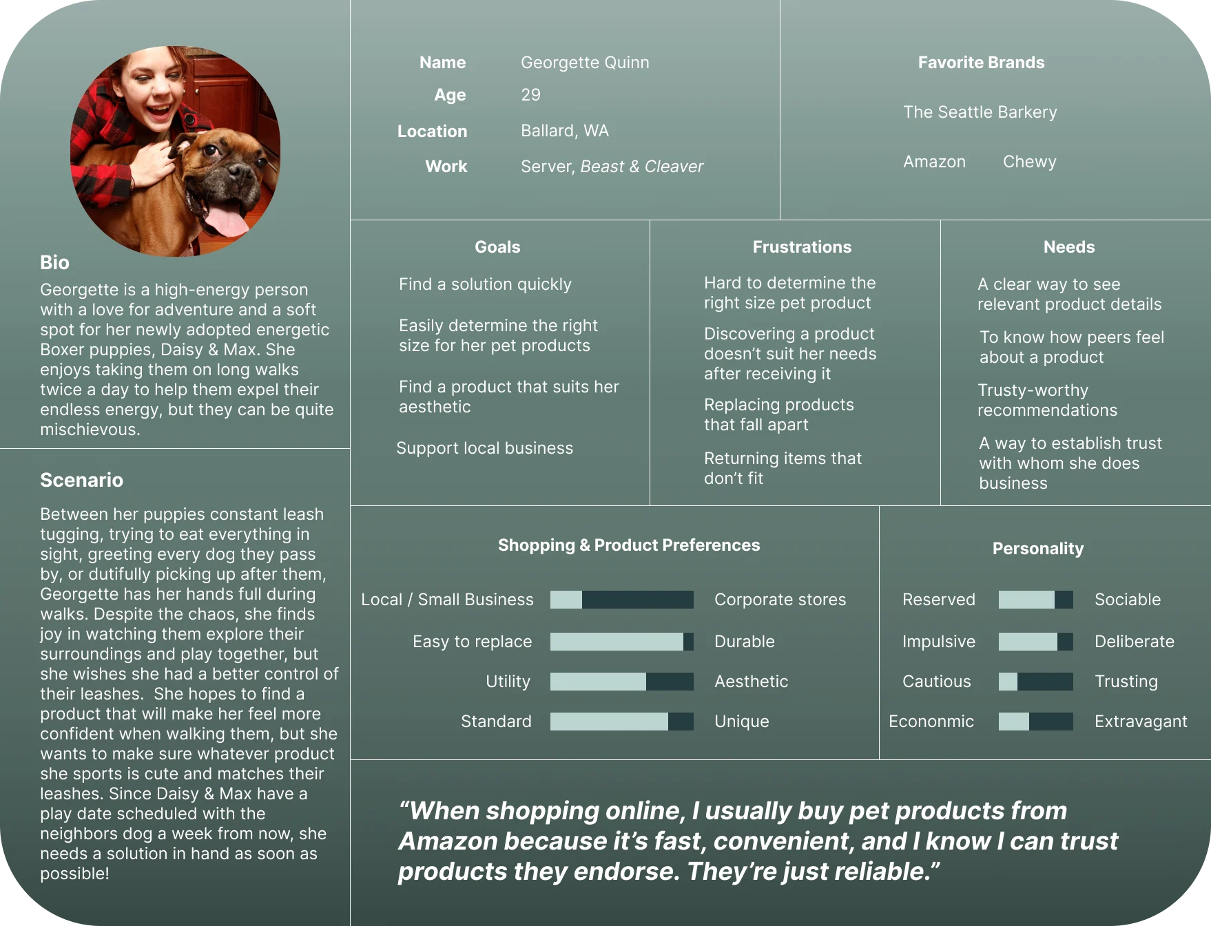 Persona card for Georgette Quinn with goals, frustrations, needs, and shopping preferences