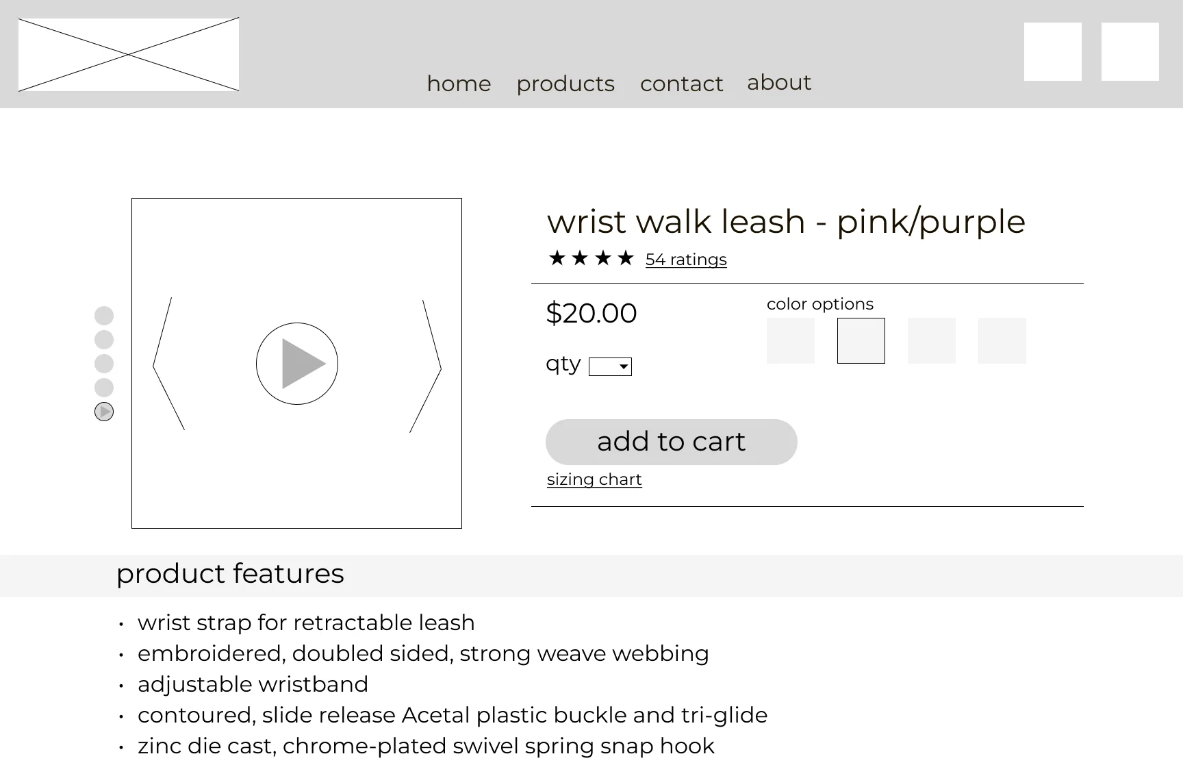 Mid fidelity wireframe of the Wrist Walk product page
