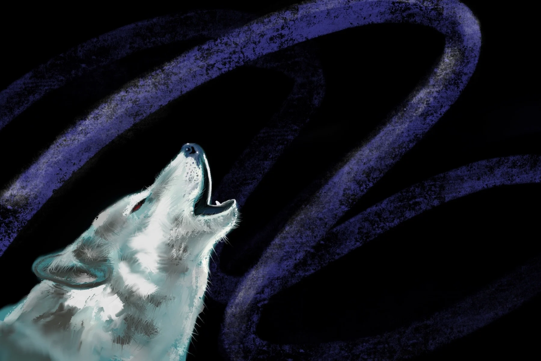 Wolf howling under swirling purple light