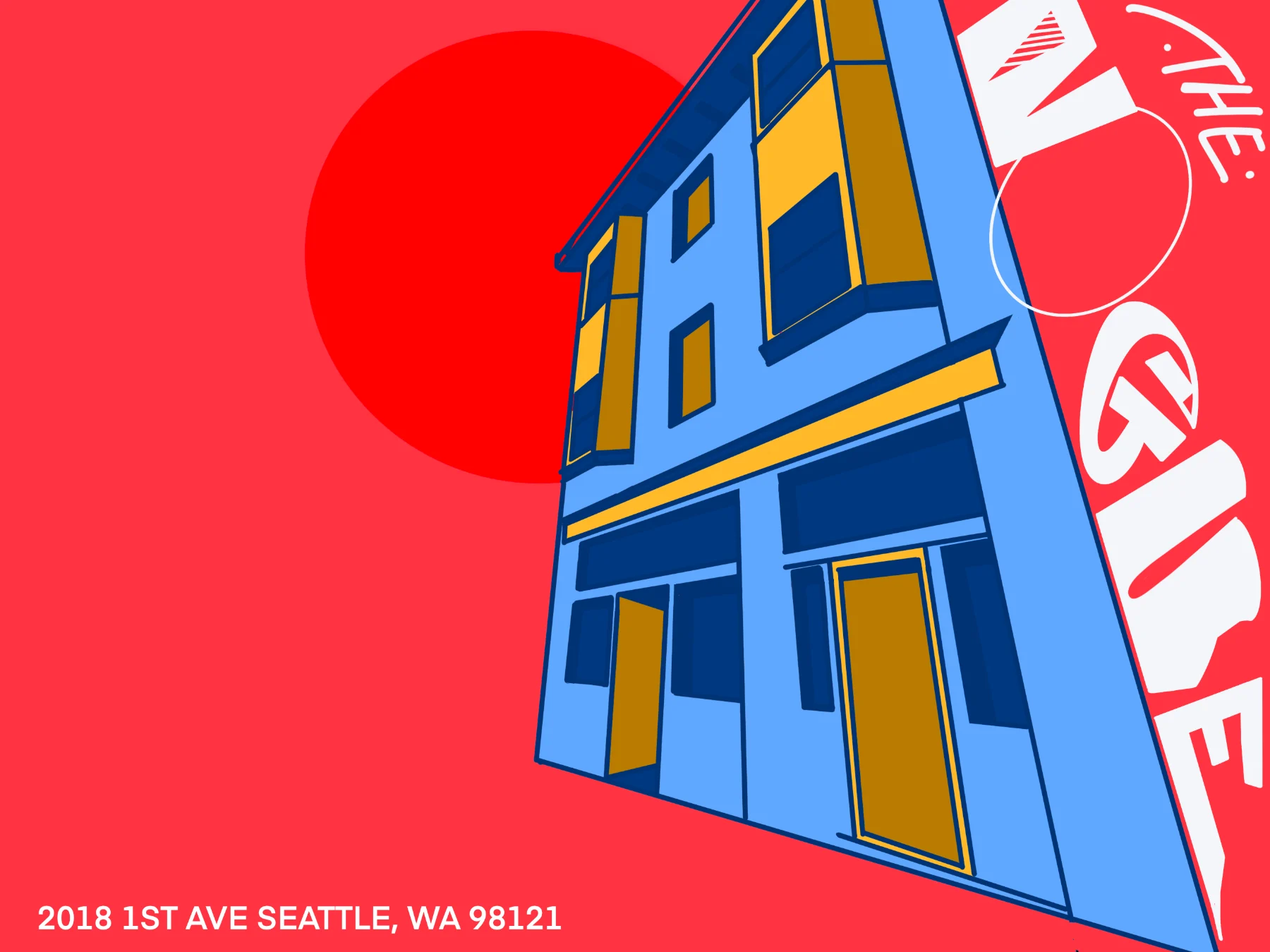 Art show poster in red with a blue building in perspective