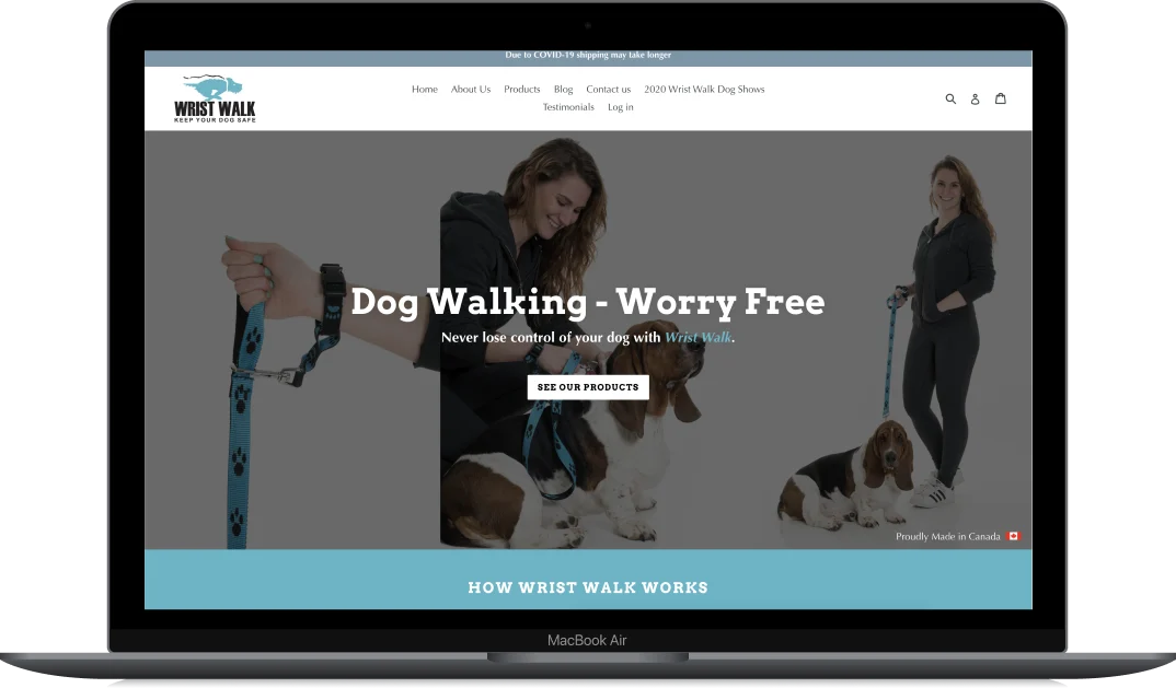 Wrist Walk storefront on a laptop, headline Dog Walking Worry Free